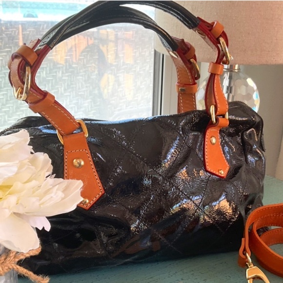 Cavalcanti BlackPatent Leather Diamond Quilted Satchel...